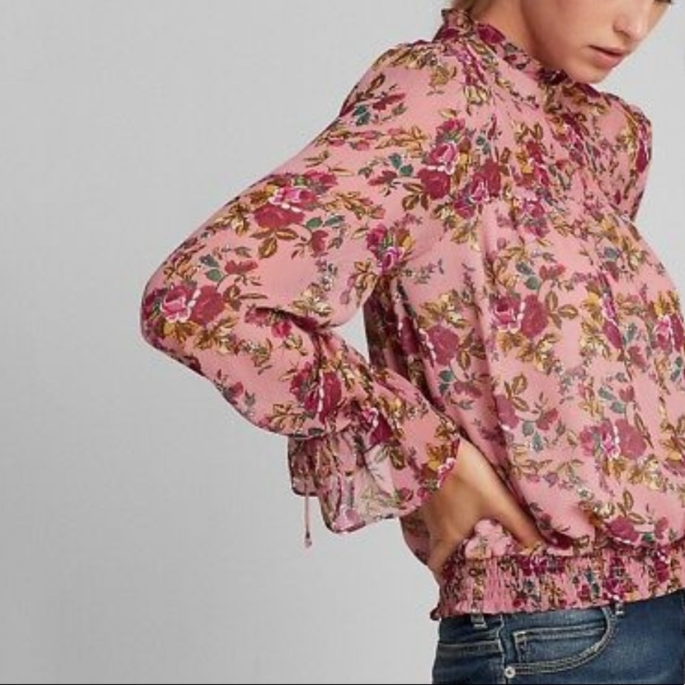 Express rose floral semi sheer top, tie sleeves, smocking at waist size large